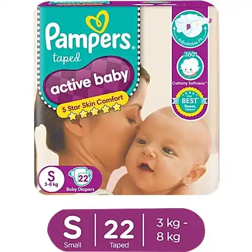 Pampers Active Baby Taped Diapers - Soft, Up To 12 Hours Absorption, 5 Star Skin Comfort, Small, 22 pcs